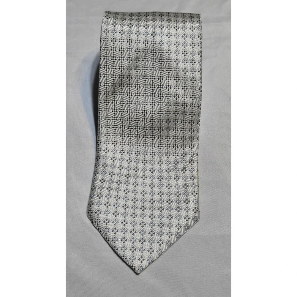 Giorgio Armani 100% Silk Luxury Italian Necktie White/Blue/Charcoal Basketwrave